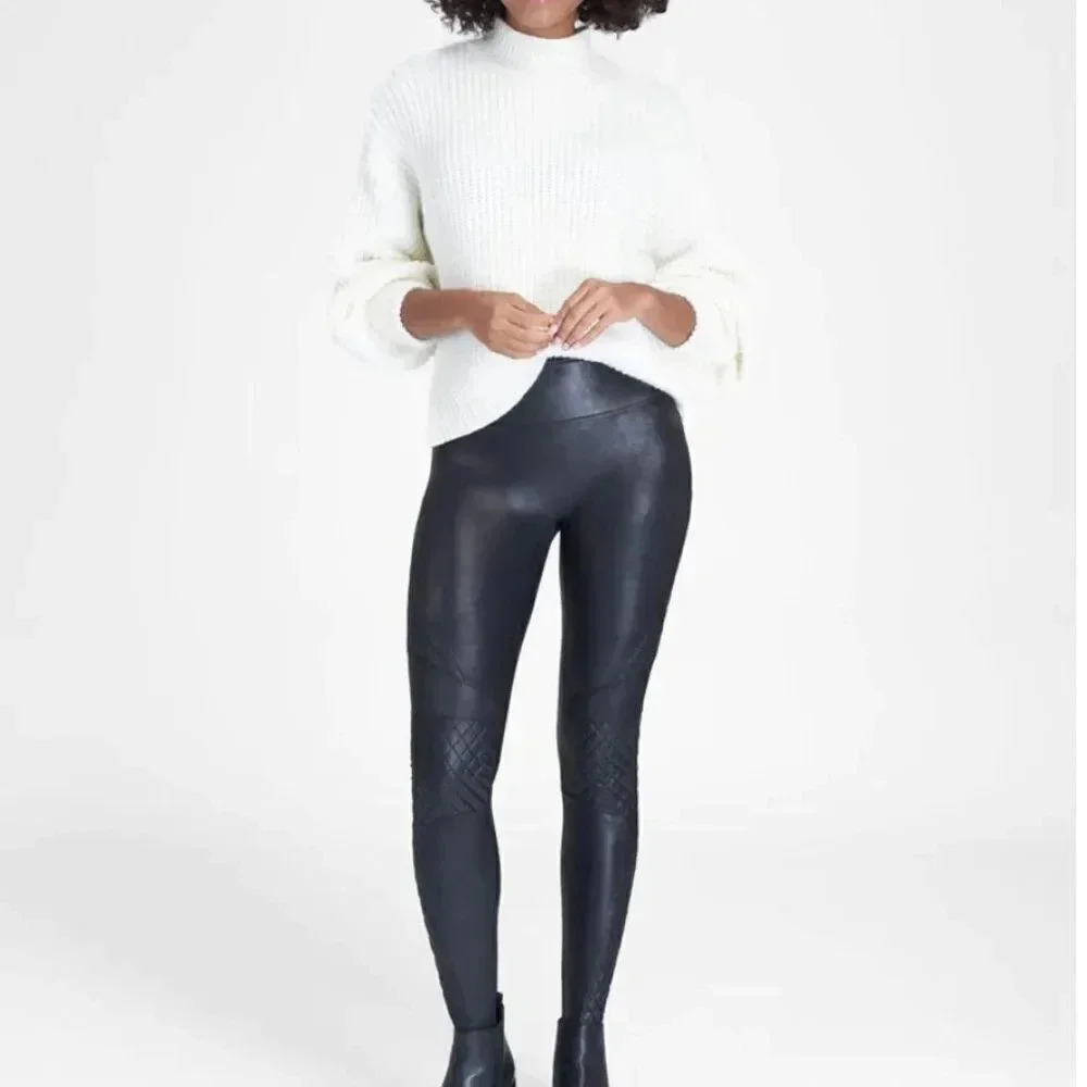 Spanx Leggings Faux Leather Quilted Pants Elastic Waist Band Shiny Black Small